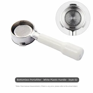 Detail view of 58mm coffee machine bottomless portafilter with ergonomic white plastic handle.