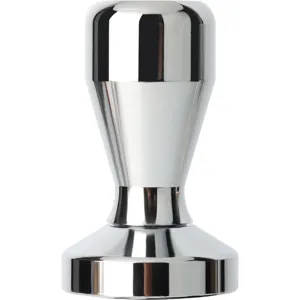 Stainless steel coffee tamper detail view, solid metal espresso press tool for barista.