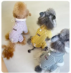 Cozy thermal striped dog onesie with high collar and adjustable drawstring for pets winter.