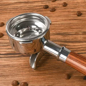 Stainless steel espresso coffee machine portafilter with ergonomic wooden handle