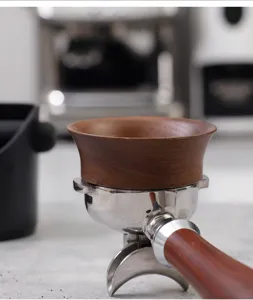 Walnut magnetic coffee dosing ring espresso portafilter funnel grinder tool detail shot