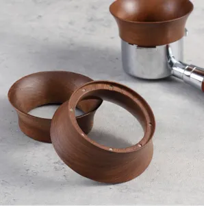 Walnut coffee dosing ring detail shot, magnetic funnel accessory for espresso portafilter.