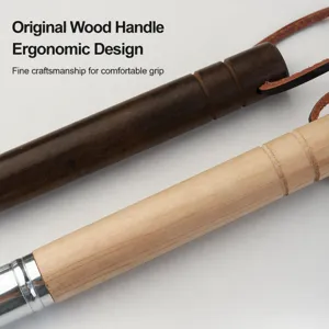 Wooden handle for coffee grinder cleaning brush with durable leather lanyard design.