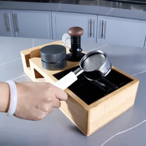 Coffee portafilter holder distributor tamper station storage knock box organizer detail view