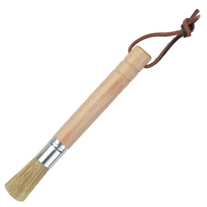 Wooden coffee grinder cleaning brush with natural bristles and convenient leather hanging strap.