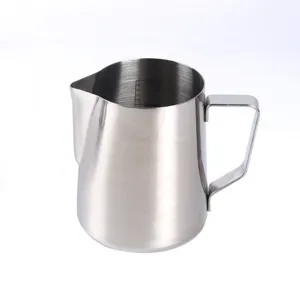 Stainless steel milk frothing pitcher detail, inner scale lines for precise coffee brewing.