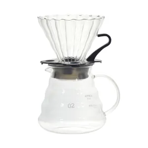 Glasfilter für Kaffee Detailansicht, transparenter Tropfer und Kaffeekanne mit Skala.