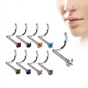 Stainless steel curved nose stud set with colorful cubic zirconia stones for body piercing.
