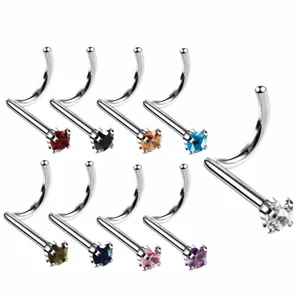 Stainless steel nose stud with colorful zircon, body piercing jewelry detail view.