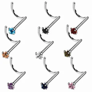 Stainless steel spiral nose studs with colorful cubic zirconia stones, body piercing jewelry.