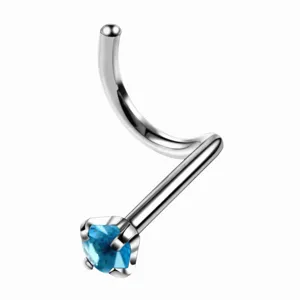 Stainless steel zircon nose stud detail, sparkling blue gemstone curved body piercing jewelry.
