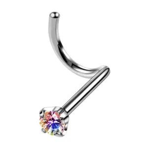 Detailed view of stainless steel screw nose stud with multi-color zirconia gemstone.
