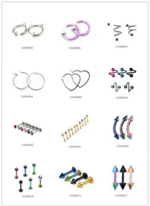 Stainless steel body piercing jewelry set, assorted nose rings, barbells, and zircon studs.