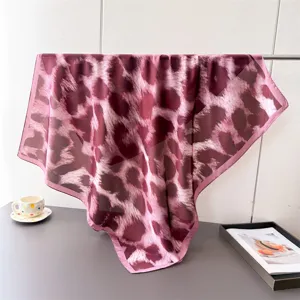 Chic leopard print square silk scarf, stylish shawl and headscarf for women's daily wear.