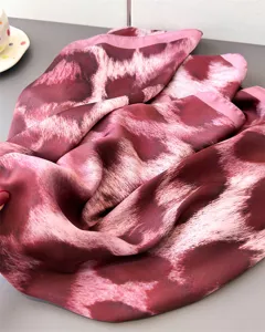 Pink leopard print silk scarf detail, elegant imitation silk square shawl for women decoration.