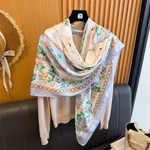 130cm grand foulard carré en soie impression lapin floral élégant châle écharpe