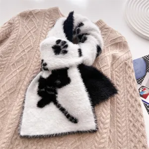Bufanda de invierno de visón sintético esponjosa con patrón negro, accesorio cálido.