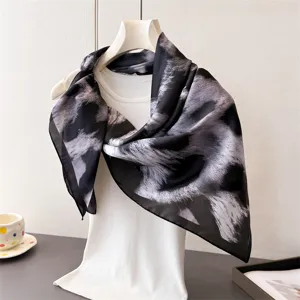 Elegant black and white leopard print silk square scarf, versatile women fashion shawl and neck wrap.