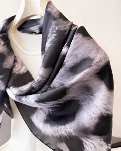 Exquisite leopard print imitation silk square scarf detail, elegant women neckerchief.