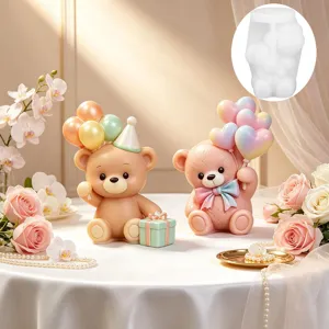 Detailed view of cute bear silicone mold with finished candle design and romantic flower decor.