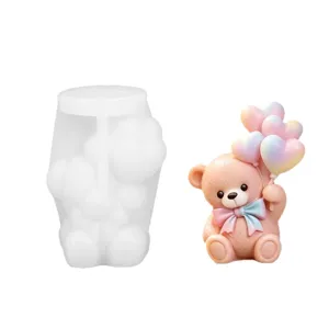 3D Teddy Bear Silicone Mold with Heart Balloons for DIY Aromatherapy Candles Crafts