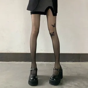 Sheer black pantyhose for women featuring cute butterfly print thin sexy gothic hosiery style.