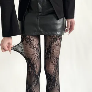 Black floral fishnet tights, sexy y2k lace hosiery, stretch mesh stockings for women.