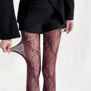 Details of vintage floral fishnet tights, stretchy burgundy lace stockings for women Y2K style.