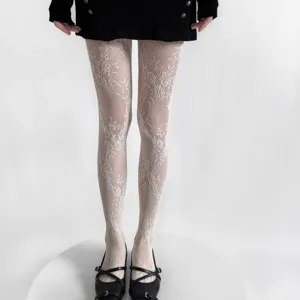 White floral lace fishnet tights retro y2k hollow hosiery sexy mesh stockings for women