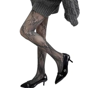 Retro floral lace fishnet tights Y2K style hollow out black mesh stockings for women fashion
