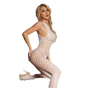 Body en résille blanche sexy pour femmes, lingerie transparente ajourée et tenues de nuit.