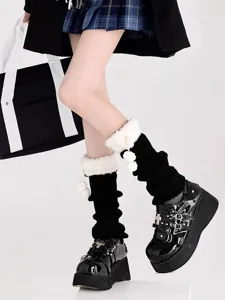 Japanese JK style leg warmers with fluffy fleece cuffs and cute pom poms for winter daily wear.