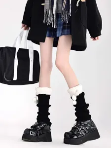 Japanese winter warm knit leg warmers with fluffy plush cuffs for lolita and jk fashion.