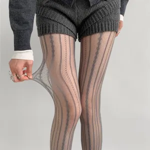 Collant lolita jacquard grigio con delicato motivo a righe verticali e tessuto elastico.