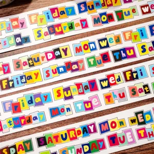 Decorative English day of the week washi tape stickers, colorful block letter design for journaling.