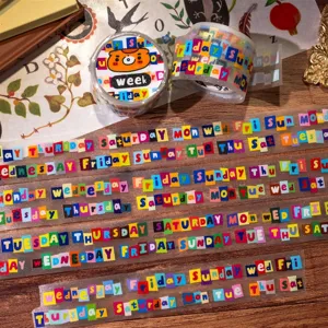 Detailed view of washi tape featuring cutout newspaper style English days of the week design.