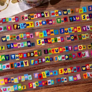 Decorative washi tape with English alphabet letters, colorful collage style days of the week.