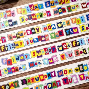Decorative English days of the week washi tape strips for daily journaling and DIY crafts.
