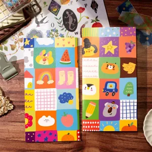 Detailed view of colorful grid TN notebook and release paper book with cute original illustrations.