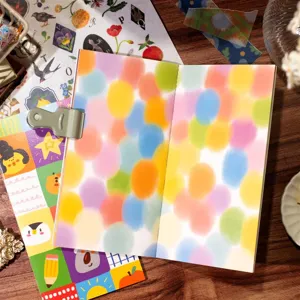 Detail shot of a colorful dot pattern TN notebook inner page on wooden flatlay with stationery.