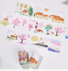 Decorative watercolor landscape washi tape rolls for journal planners, DIY crafts and scrapbooking.