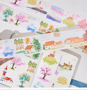 Watercolor landscape washi tape for journaling and scrapbooking, decorative adhesive masking tape roll.