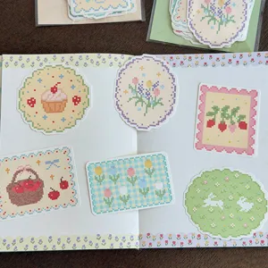 Cute pixel art sticker set, cross-stitch style decorative memo pad for journaling.