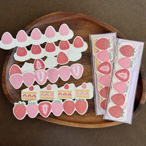 Cute strawberry long sticky notes memo pads, aesthetic sweet dessert stationery for journaling.