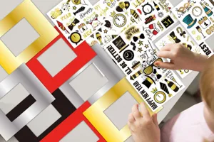DIY paper photo frames and New Year sticker craft set for kids handmade party decor.