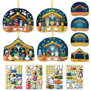 Kids DIY Christmas Nativity scene 3D foam sticker set with stable cards and cute character pieces.