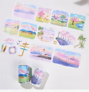 Watercolor landscape washi tape set, scenic journaling sticker tape, aesthetic diary craft tape.
