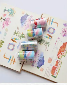 Decorative washi tape set for journaling, scenic watercolor design craft tape roll, 4 pack