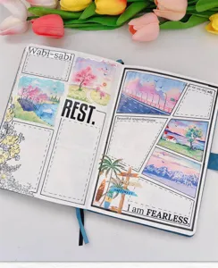 Scenic landscape washi tape sticker detail showing journal spread with artistic tape.