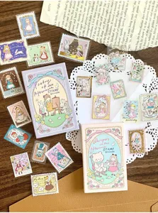 Vintage stamp sticker set with gold foil accents, aesthetic stationery for journaling.